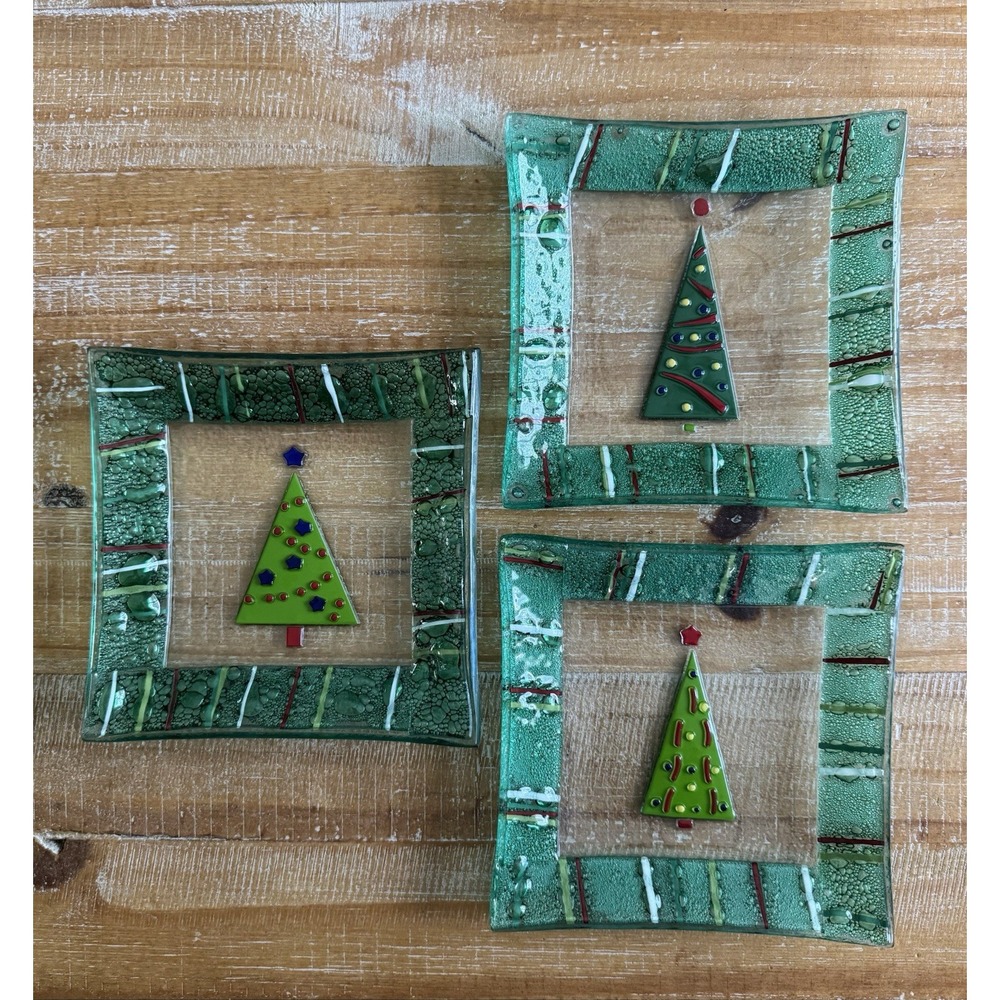 Set Of 3 Gorham Fused Glass Christmas Tree‎ Square 6" Plates